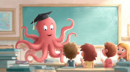 A friendly cartoon octopus wearing a graduation hat engages with cheerful children in a vibrant classroom filled with books and learning.の素材