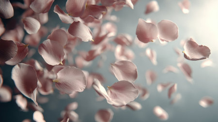 Petals from a bouquet are lifted by a gentle breeze, creating a romantic atmosphere filled with soft light and tranquility.の素材