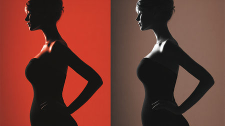 Silhouette overlay illustrates two belly shapes side by side, comparing apple shape and flat waist in a striking design.の素材