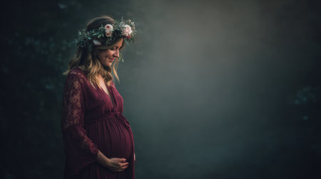 A beautiful young pregnant woman stands outdoors, wearing a floral crown and a flowing dress, gently cradling her baby bump in twilight.の素材