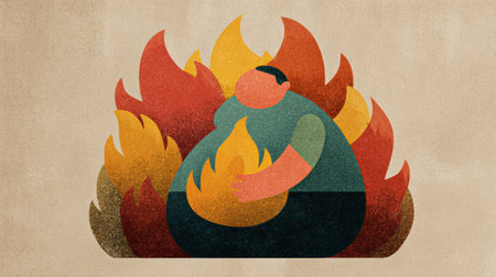 Illustration shows a person squeezing their belly while flames symbolize fat burning, featuring a medical style overlay on a beige background.の素材