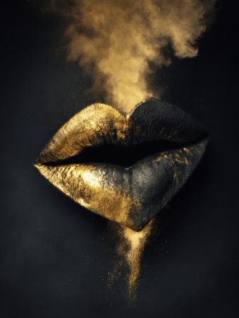 Silhouette lips release a golden heart on a black matte background, creating a striking visual for a luxury branding concept.の素材
