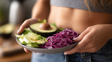 Close-up view of a belly being squeezed next to a plate of fresh salad and avocado, emphasizing the contrast between healthy eating and obesity.の素材