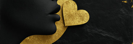 Golden heart shape emerges from silhouette lips set against a black matte background, ideal for premium branding and elegant designs.の素材