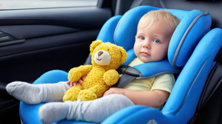 A baby smiles while sitting securely in a blue car seat, clutching a yellow teddy bear during a car ride on a bright day.の素材