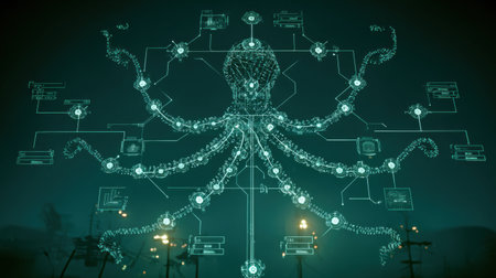 Control panel displays an octopus shape with glowing nodes connecting various data pathways in a dark, futuristic setting.の素材