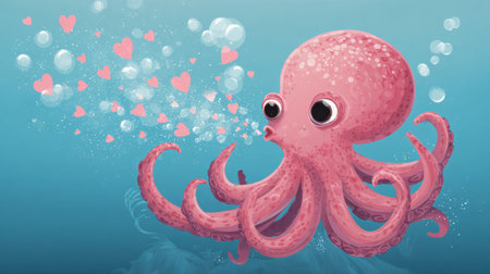 A cute octopus releases pink heart bubbles while swimming in the clear ocean, surrounded by an expansive blue background.の素材