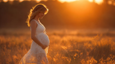 Joyful pregnant woman walks gently through a golden field as the sun sets, embracing the beauty of nature and new beginnings.の素材