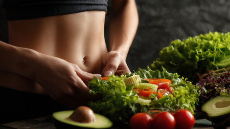 Close-up view of a person squeezing their belly adjacent to healthy foods like a fresh salad and avocado, highlighting diet choices.の素材