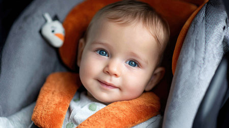 A baby with blue eyes and light brown hair enjoying a joyful moment in a car seat, showing a happy expression at home.の素材