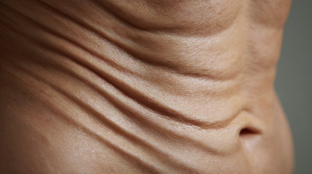 Close-up view of abdomen showing realistic cellulite and stretch marks under soft natural light in a medical context.の素材
