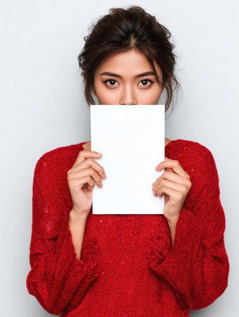 Woman in a bright red sweater stands in a minimalistic space, covering her face with a blank sign, inviting creativity and imagination.の素材