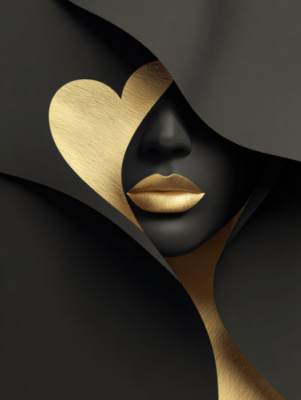 Silhouette features black lips blowing a golden heart, creating a striking design on a matte black backdrop.の素材