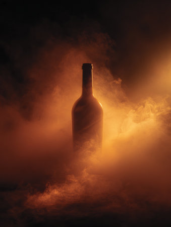 A bottle stands illuminated by a warm golden haze, surrounded by a mysterious atmosphere that conveys luxury and depth.の素材