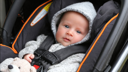 Sweet baby in a car seat with a gray hoodie, holding a plush toy and gazing around with curious eyes.の素材