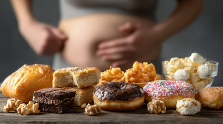A person squeezes their belly while surrounded by various high-calorie junk foods, highlighting unhealthy eating choices and their impact.の素材