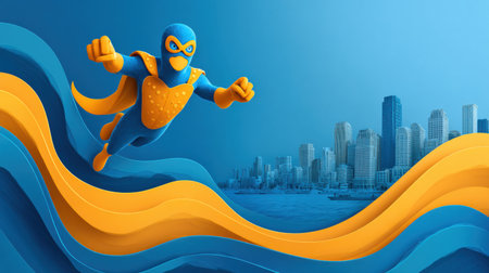 A cartoon octopus superhero flies joyfully over a colorful ocean skyline. The scene features a bright sky perfect for a catchy slogan.の素材
