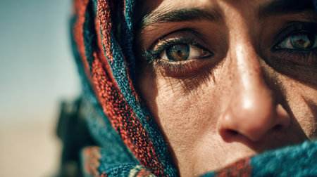 A young Samaritan woman gazes into the distance, showcasing vibrant eyes and a colorful scarf in a serene desert setting at sunset.の素材