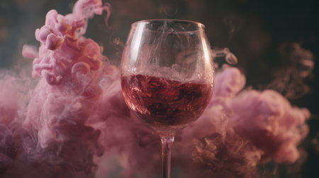 Deep tones fill the scene as cinematic smoke swirls around a glass of wine, enhancing the moody ambiance of a quiet evening.の素材