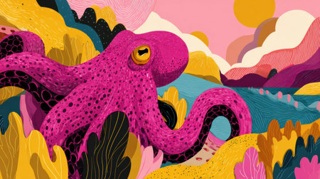A lively pink octopus explores a bright underwater scene filled with colorful plants and creative shapes.の素材