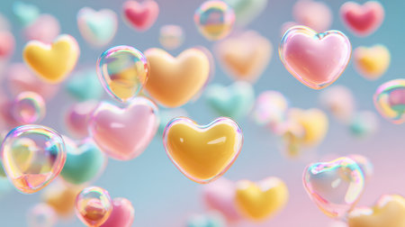Heart-shaped bubbles in soft pastel colors float gently, creating a whimsical atmosphere perfect for a nursery, inviting joy and warmth.の素材