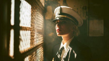 Female officer stands vigil near a barred window in the state penitentiary, focused and attentive while on duty.の素材