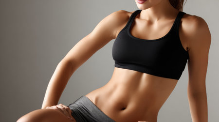 A person sits comfortably, demonstrating body awareness with a gentle pinch of the belly, highlighting skins natural form and authenticity.の素材