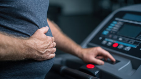 A person is squeezing their belly while standing near a treadmill display, focusing on weight loss during a workout session at the gym.の素材