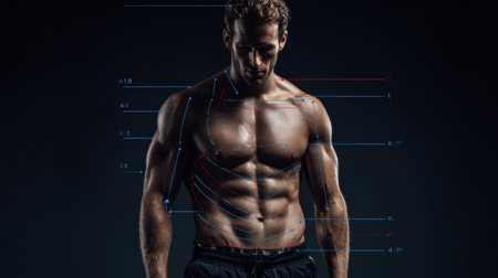 Modern infographic highlights abs area with arrows indicating problem zones and body contour lines for fitness awareness.の素材