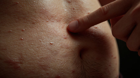 Hand presses on the belly skin, showing fine pores and texture with a close-up side view, revealing skin details clearly.の素材