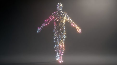 Outline of a human body formed by abstract healthcare AI nodes against a gradient background, showing a modern and corporate aesthetic.の素材