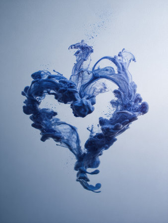 An abstract ink splash creates a heart shape with flowing tentacle-like designs, set against a soft white-blue background for a romantic touch.の素材