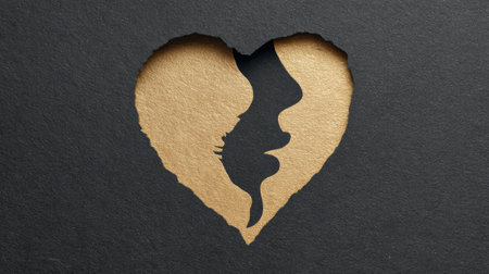 Black matte backdrop features a golden heart shape, created by silhouette lips, conveying a sense of elegance and luxury.の素材