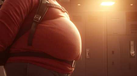 Focusing on a person pinch testing belly fat in a gym locker room, highlighting health, fitness, and body awareness during workouts.の素材