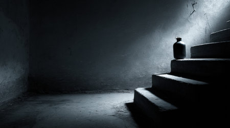 Dark staircase descends into an empty cellar with soft lighting, highlighting a solitary bottle on the step, suggesting intrigue and solitude.の素材