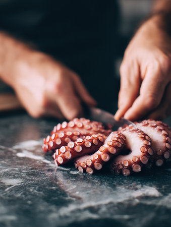 A chef skillfully places a gourmet octopus tentacle on a marble plate, preparing for an exquisite dining experience. Clean background allows for text.の素材
