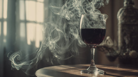 Smoke drifts elegantly around a glass of wine, enhancing the deep tones in a softly lit space during evening hours.の素材