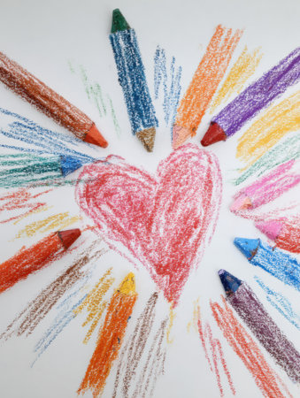 Bright heart doodle created with crayons on textured paper, surrounded by colorful crayon marks and large empty area for creativity.の素材