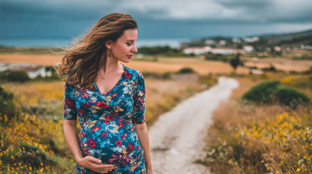 A beautiful young pregnant woman in a floral dress gently cradles her belly while standing on a serene country path amidst wildflowers.の素材