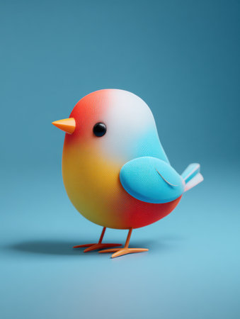 A cute multicolored bird with smooth features stands against a blue background, showing its vibrant colors and playful design.の素材