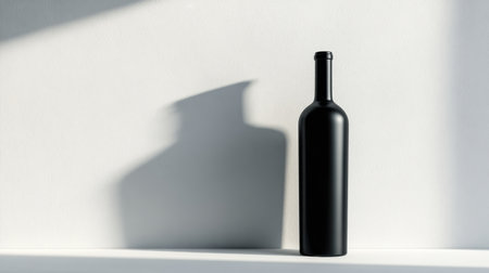A sleek black bottle stands upright, casting a striking long shadow across a bright white surface, showing simplicity and elegance.の素材
