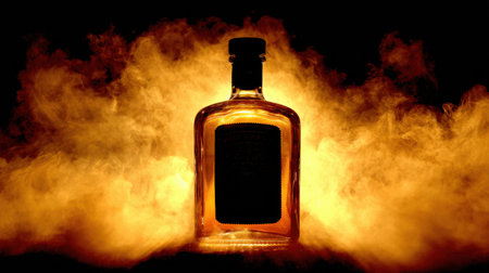 A bottle silhouette stands out with a warm glow, creating a vibrant, moody ambience surrounded by a golden haze in a dim space.の素材