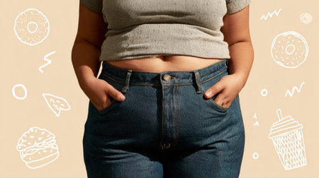 A person stands confidently in fitted jeans, hands in pockets, against a pastel beige backdrop with fun slimming graphics.の素材