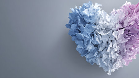 A blown heart crafted from soft textures represents teamwork support, set against a smooth gray background with room for additional content.の素材