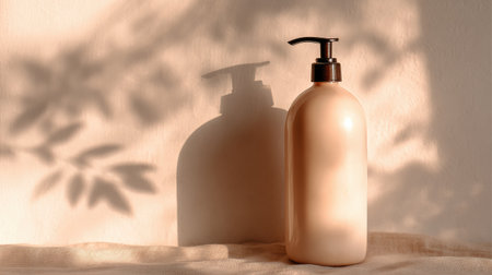 Soft sunlight illuminates a bottle on a pastel beige surface, highlighting the gentle shadows cast in an elegant minimalist arrangement.の素材