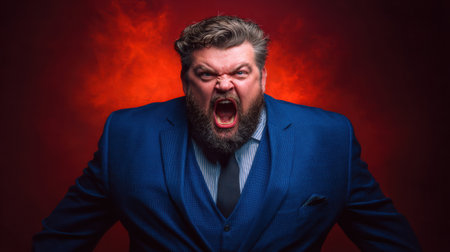 An angry, obese businessman with a beard yells intensely at the camera, creating a powerful and tense atmosphere with a fiery background.の素材