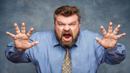 An obese businessman with a beard is yelling furiously at the camera, his hands raised aggressively in an office background.の素材
