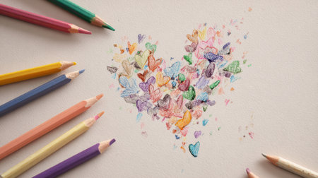 A childlike heart design is drawn with crayons, surrounded by plenty of empty space for more creative exploration and fun.の素材
