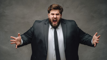 A large businessman shows frustration by screaming into the camera while dressed in a dark suit against a muted gray backdrop.の素材