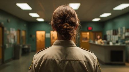 Caucasian female officer stands at state penitentiary, focused on inmate activities and maintaining security during evening hours.の素材